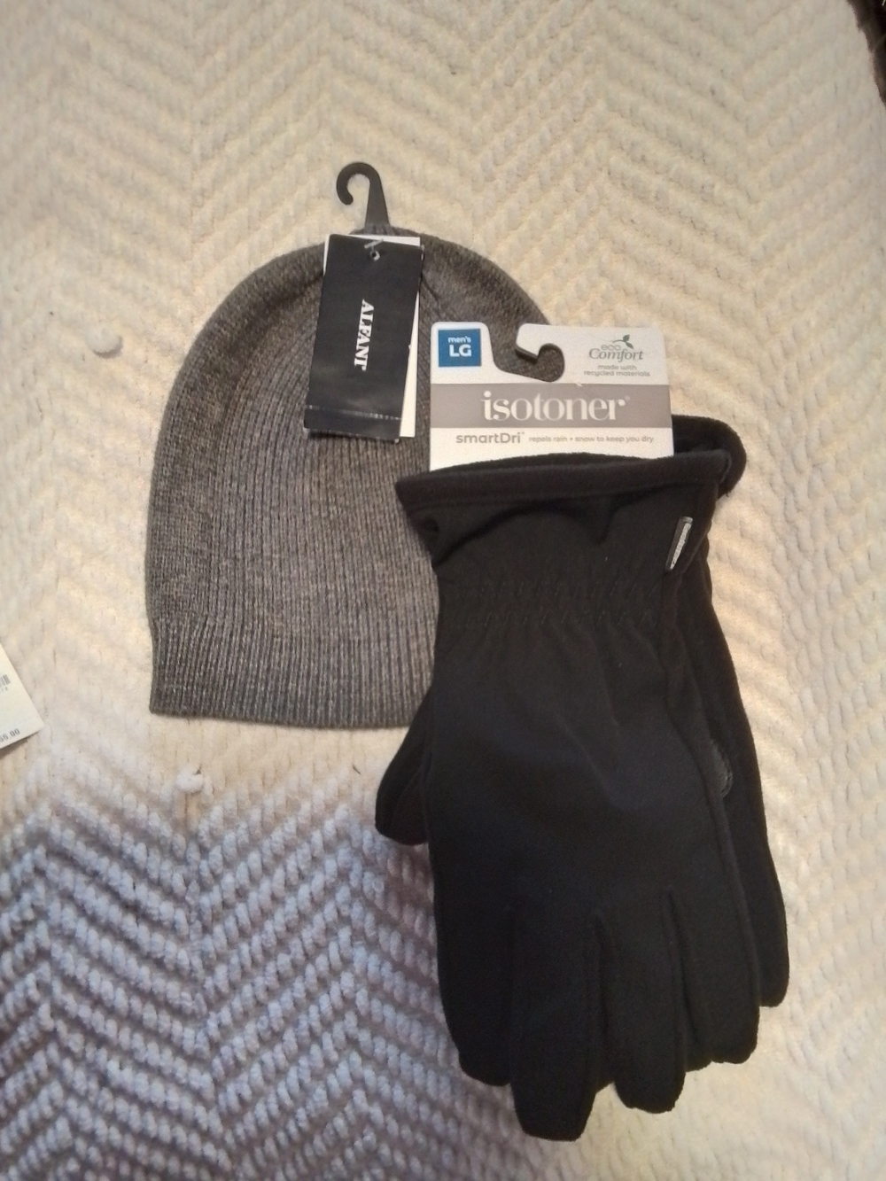 A|X Armani Exchange Gray Knit Beanie and Isotoner Black Gloves Set